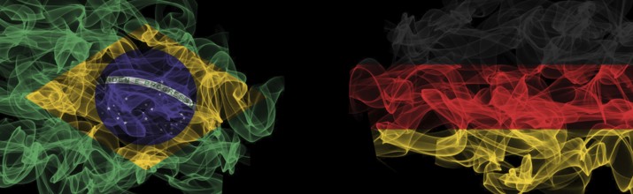 Flags of Brazil and Germany on Black background, Brazil vs Germany Smoke Flags