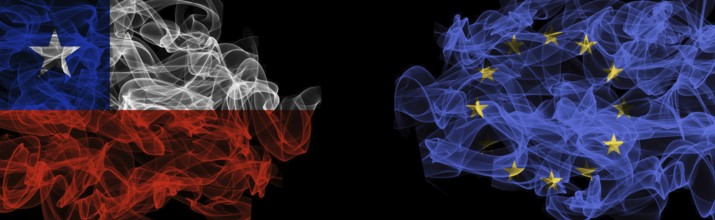 Flags of Chile and EU on Black background, Chile vs Europe Union Smoke Flags
