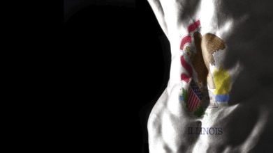 Illinois flag on abs muscles, Illinois bodybuilding concept, black background