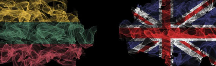 Flags of Lithuania and United Kingdom on Black background, Lithuania vs United Kingdom Smoke Flags