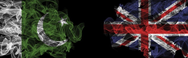 Flags of Pakistan and United Kingdom on Black background, Pakistan vs United Kingdom Smoke Flags