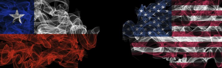 Flags of Chile and USA on Black background, Chile vs USA Smoke Flags