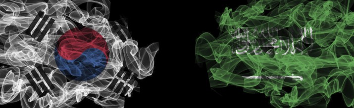 Flags of South Korea and Saudi Arabia on Black background, South Korea vs Saudi Arabia Smoke Flags