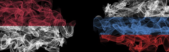 Flags of Indonesia and Russia on black background, Indonesia vs Russia smoke flags