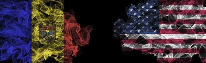 Flags of Moldova and USA on Black background, Moldova vs USA Smoke Flags
