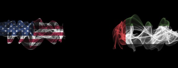 Flags of USA and UAE on Black background, USA vs United Arab Emirates Smoke Flags