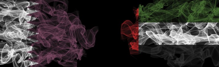 Flags of Qatar and UAE on Black background, Qatar vs United Arab Emirates Smoke Flags
