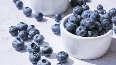 Fresh blueberries background with copy space. Blueberry antioxidant organic superfood in bowls
