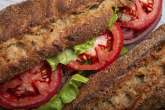 Close-up macro of dark ciabatta sandwich with green salad, ripe red tomatoes and tuna. Vegetable