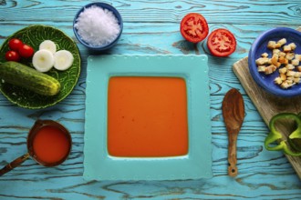 Gazpacho andaluz is a fresh tomato soup and vegetables of Andalusian Spain