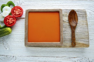 Gazpacho andaluz is a fresh tomato soup and vegetables of Andalusian Spain