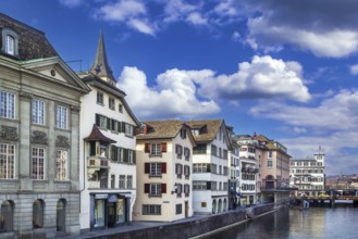 Embankment of Limmat river in Zurich historical center, Switzerland