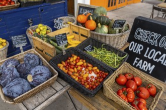 Greystones, Ireland, 18 August, 2022: close-up view of a fruit and vegetable display in a whole