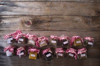 Of small glass jars for storage of various types of aromas for international cuisine