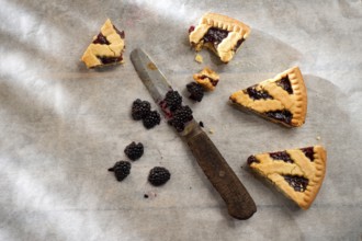 Presentation of a slice of pie with berry jam