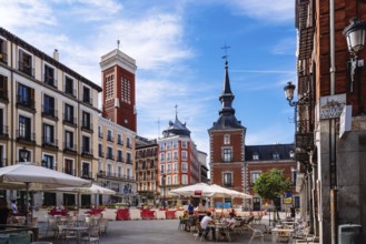 Madrid, Spain, May 8, 2021: Cafe in the Square of Santa Cruz in historical centre of Madrid.