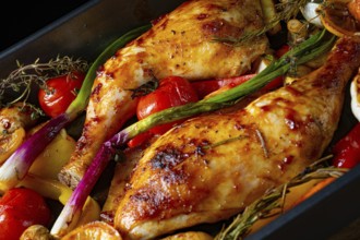 Roasted chicken legs with various vegetables
