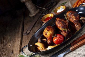 Grilled chicken legs in a barbecue marinade with sweet potatoes