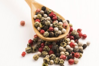 Mixed green, red, white and black peppercorns
