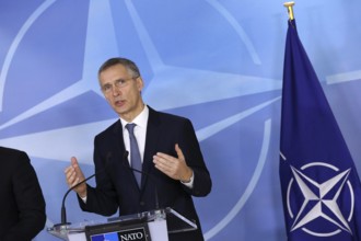 Brussels, Belgium - January 31, 2017: NATO Secretary General Jens Stoltenberg speaks to the media