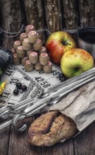 Accessories picnic consisting of peaches, apples and lotto games.Photo tinted