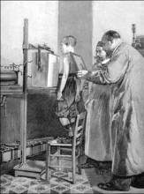 Historical illustration, 1899, a boy is being prepared for an x-ray of his breast, ein Junge wird