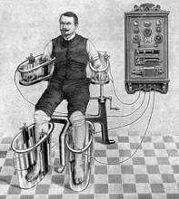 An illustration of a patient being treated with a four cell Schnee Bath, an early electric medical