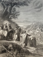 Jesus riding a donkey to Jerusalem, New Testament, steel engraving 1853, digitally restored