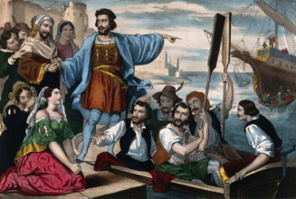 Christopher Columbus and his crew leaving the port of Palos, Spain, 1492, digitally optimized