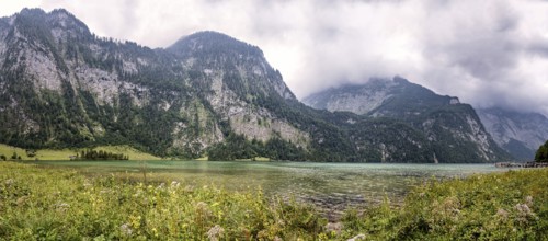 Scenic panoramic view of Konigssee in Bavaria a misty day. Germany