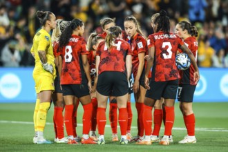 MELBOURNE, AUSTRALIA, JULY 31: Canada team discuss after conceding a goal against Australia at the