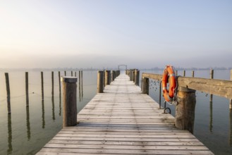 A jetty leads into a foggy lake, a lifebuoy hangs from a wooden railing, harbour, Allensbach,