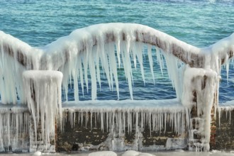 Icy Arch with Icicles on a Background of the Sea Varna, Bulgaria