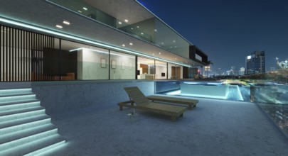 Luxury villa exterior design with beautiful night cityscape at the infinity pool. 3d rendering