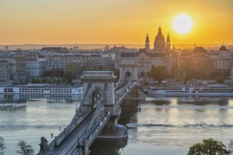 Budapest Hungary, sunrise city skyline at Danube River with Chain Bridge and St. Stephen's Basilica