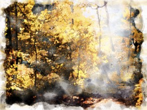 Watercolor painting of morning sun shining though a clearing in autumn forest with sunlight shining