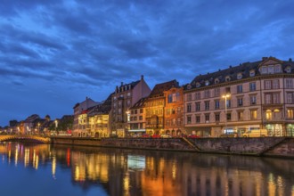 Strasbourg France, colorful Half Timber House night city skyline and Ill river