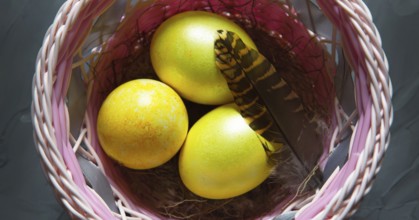 Colorful painted marble shiny Easter eggs in a basket with delicate feathers close-up. Nest with