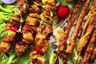Grilled szaszlyk and meatballs with green salad