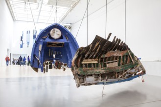 Remains of wooden boats from Lesbos Greece, sound instruments, the sound installation