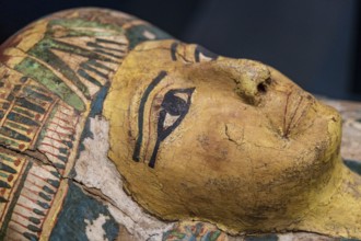 Anthropomorphic mummy coffin, painting detail, Gregorian Egyptian Museumn Musei Vaticani, State of