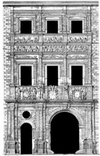 Historical architectural illustration from the 19th Century, 1873, facade in the Renaissance style,
