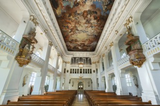 The organ loft with ceiling fresco of the Roman Catholic Church of St Verena, Bad Wurzach, Allgäu,