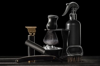 Black Tools Of Barber. Straight Edge Barber Razor Shaving Brush On Stand Beard Brush Professional