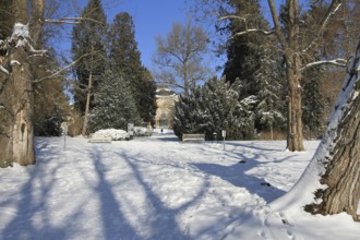 Snow-covered palace garden of Hohenheim Palace, University of Hohenheim, Stuttgart,