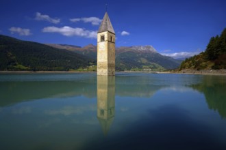 Lake Recshensee with church tower in South Tyrol, Lake Reschen, South Tyrol, Italy