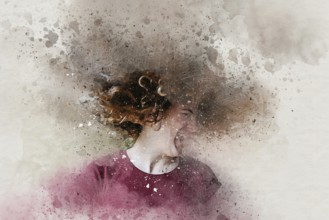 Watercolor of beautiful teen girl shaking head with curly hair on brick background