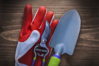 Protective glove steel gardening secateurs and trowel agriculture concept