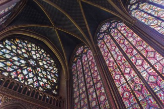 Paris, France, August 31, 2018: Sainte-Chapelle, the stained glass windows of the Upper Chapel.