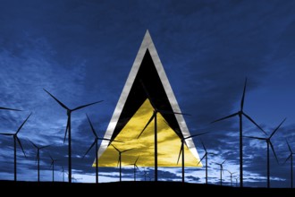 Saint Lucia flag wind farm at sunset, sustainable development, renewable energy Wind Turbines